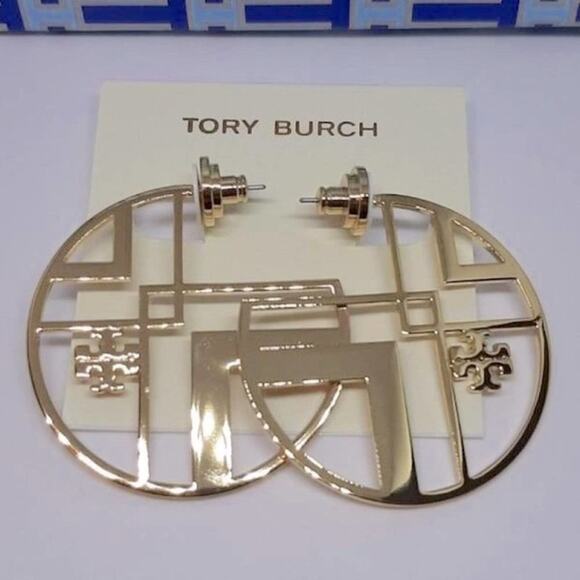 New Tory Burch Gold Chevron Stud Hoop Earrings - Picture 4 of 7